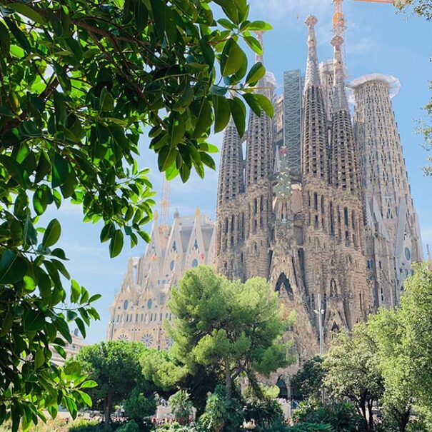 Panoramic view of Sagrada Familia from a park
