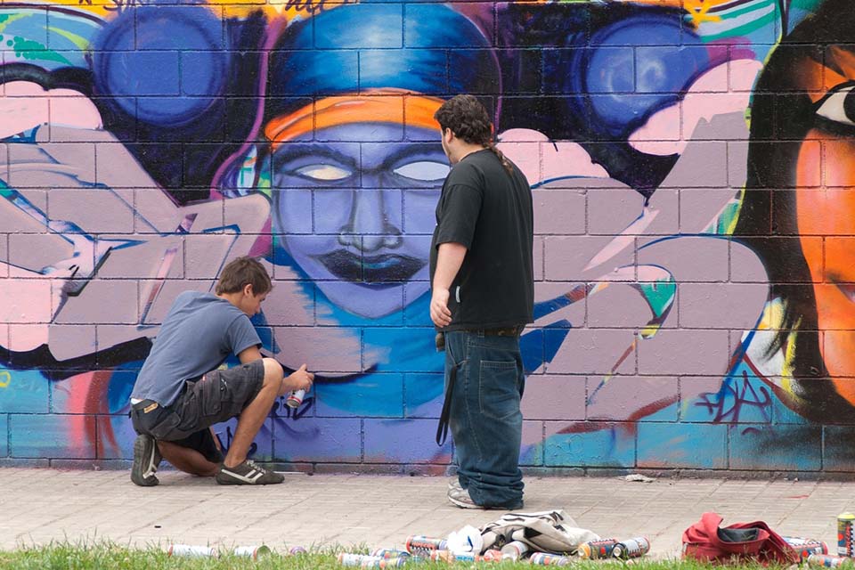 Graffiti writers in Barcelona, Spain